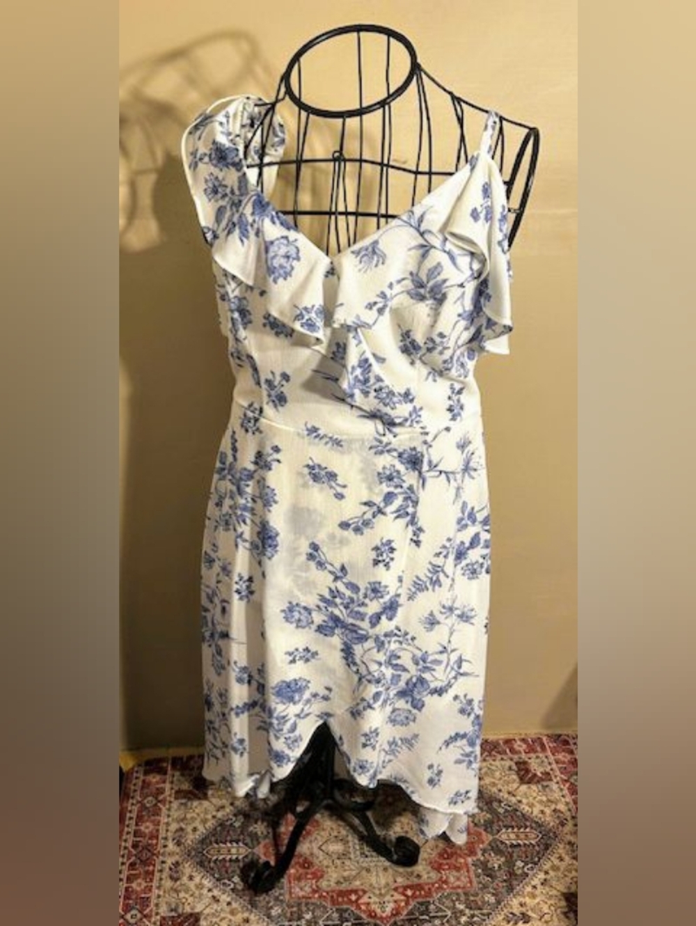 Iz Byer White and Blue Floral High-Low Dress